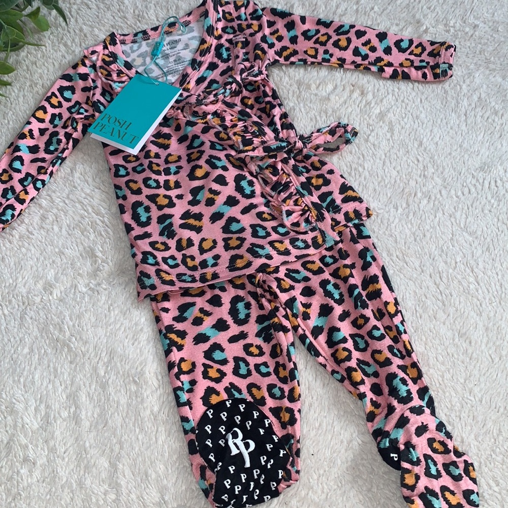 NWT Posh Peanut Roxy Tie Front Ruffled Kimono Set PINK LEOPARD 0-3M - Picture 11 of 11